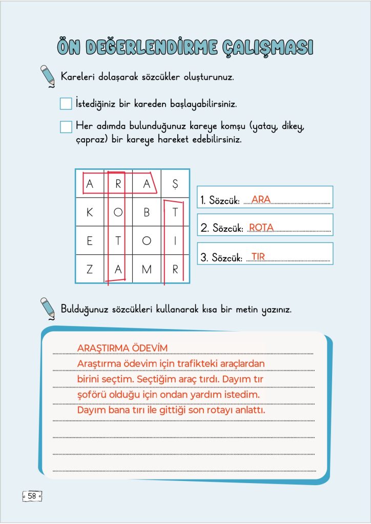 2. Sınıf Türkçe Kitabı 2. Kitap Sayfa 58 Cevapları