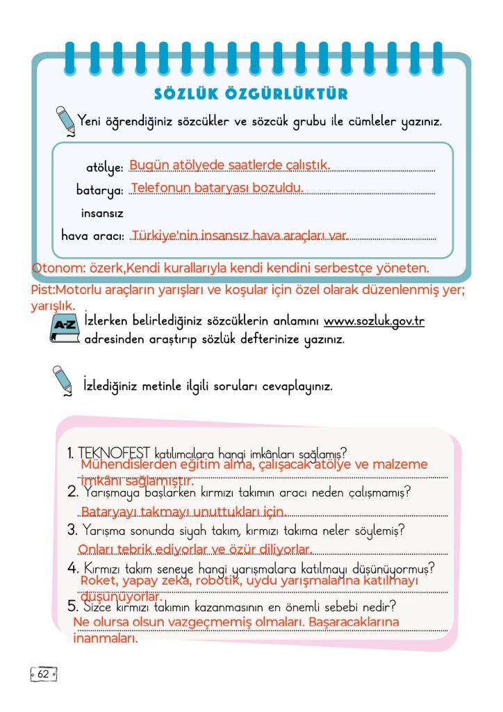 2. Sınıf Türkçe Kitabı 2. Kitap Sayfa 62 Cevapları