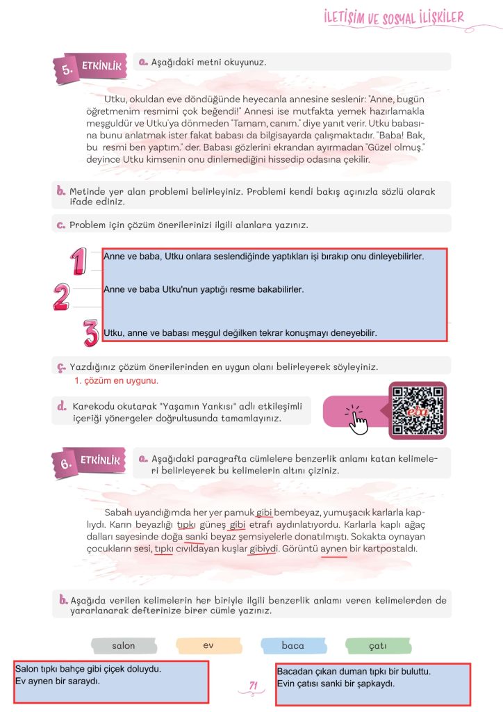 5. Sınıf Türkçe Kitabı 2. Kitap Sayfa 71 Cevapları