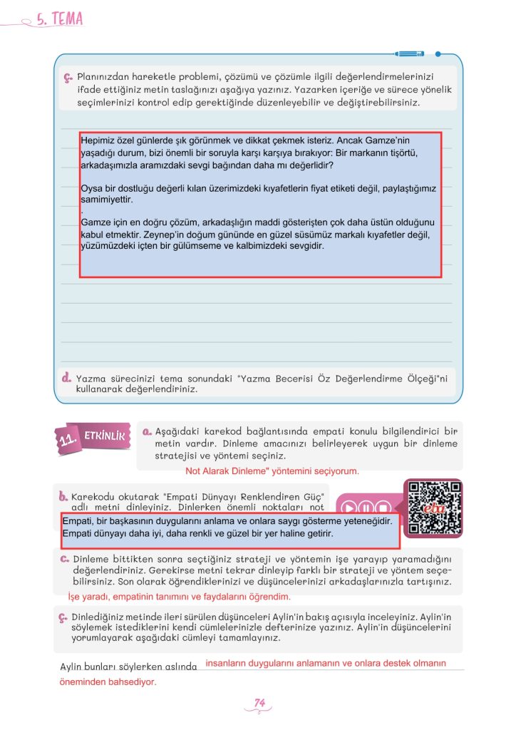 5. Sınıf Türkçe Kitabı 2. Kitap Sayfa 74 Cevapları