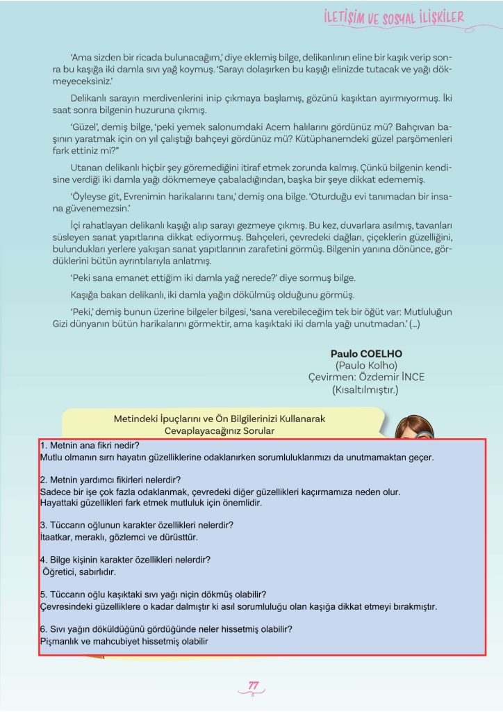 5. Sınıf Türkçe Kitabı 2. Kitap Sayfa 77 Cevapları