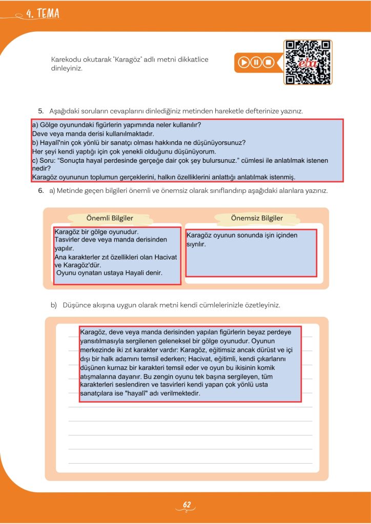 5. Sınıf Türkçe Kitabı 2. Kitap Sayfa 62 Cevapları