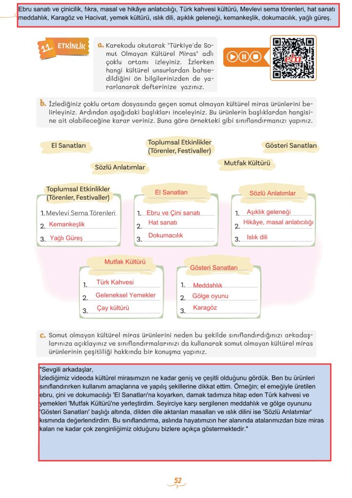 5. Sınıf Türkçe Kitabı 2. Kitap Sayfa 52 Cevapları