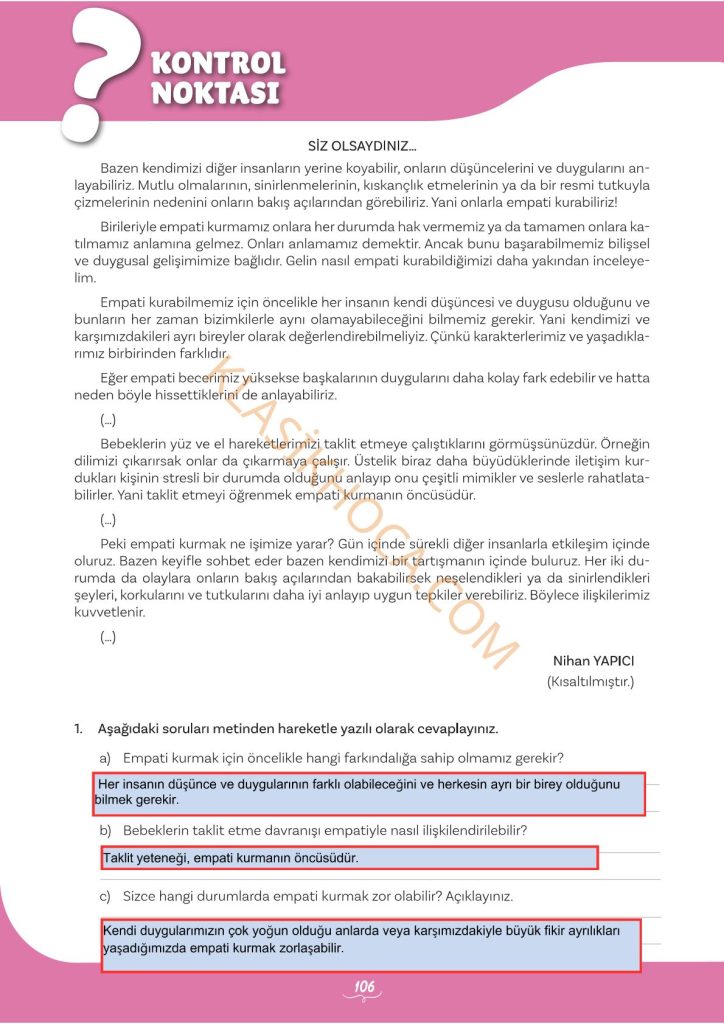 5. Sınıf Türkçe Kitabı 2. Kitap Sayfa 106 Cevapları