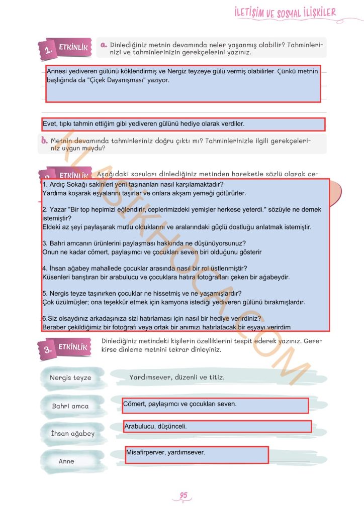 5. Sınıf Türkçe Kitabı 2. Kitap Sayfa 95 Cevapları