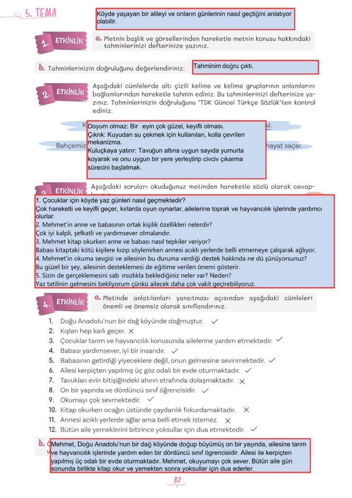 5. Sınıf Türkçe Kitabı 2. Kitap Sayfa 82 Cevapları