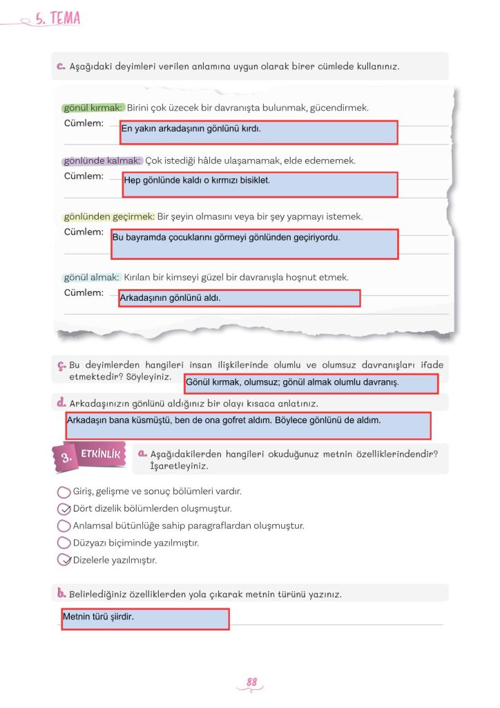 5. Sınıf Türkçe Kitabı 2. Kitap Sayfa 88 Cevapları