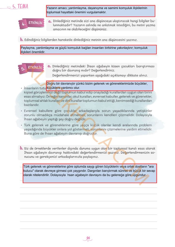5. Sınıf Türkçe Kitabı 2. Kitap Sayfa 96 Cevapları