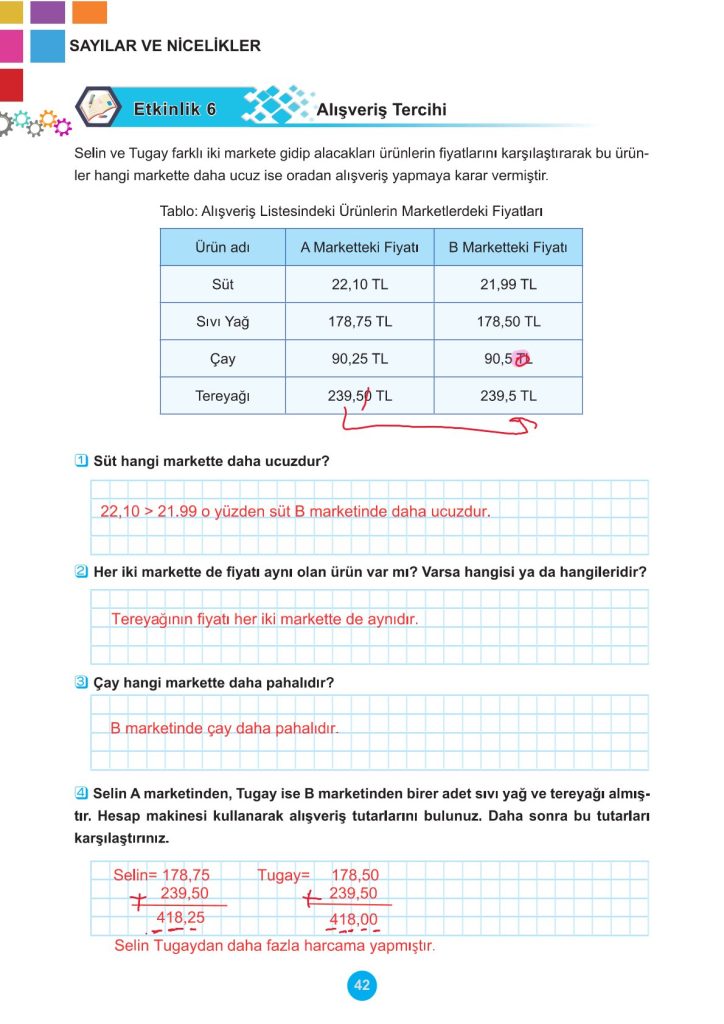 5. Sınıf Matematik Kitabı 2. Kitap Sayfa 42 Cevapları