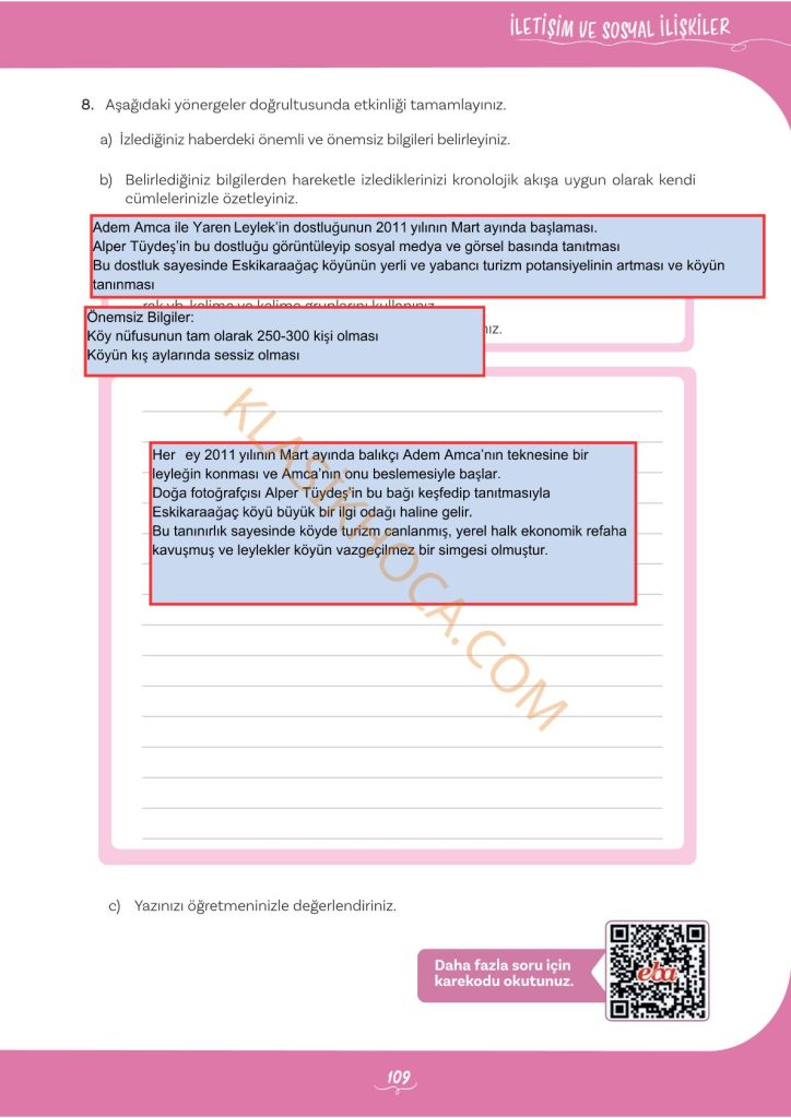 5. Sınıf Türkçe Kitabı 2. Kitap Sayfa 109 Cevapları