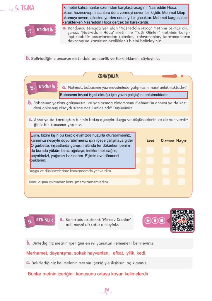 5. Sınıf Türkçe Kitabı 2. Kitap Sayfa 84 Cevapları