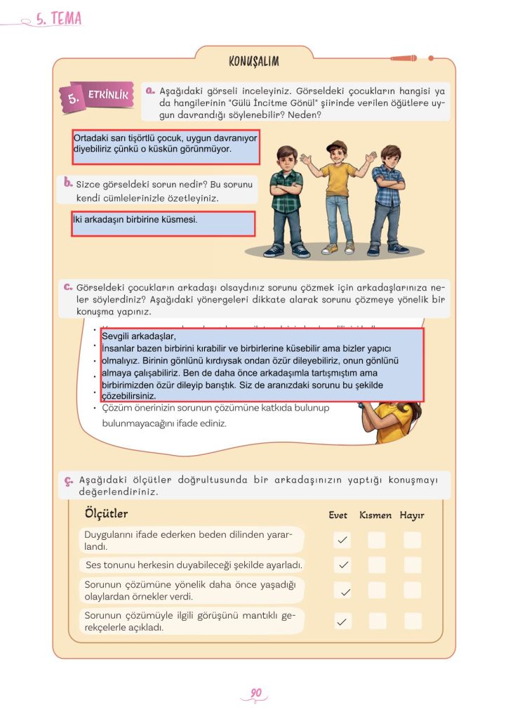 5. Sınıf Türkçe Kitabı 2. Kitap Sayfa 90 Cevapları