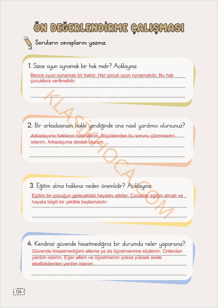 Çocuklar Haklarıyla Var Metni Cevapları - 2. Sınıf Türkçe 2. Kitap Sayfa 136