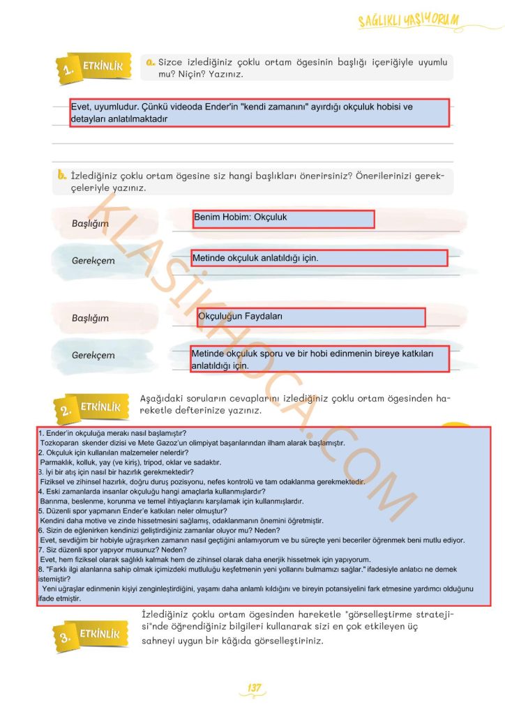 Benim Zamanım Okçuluk İzleme Metni Cevapları - 5. Sınıf Türkçe 2. Kitap