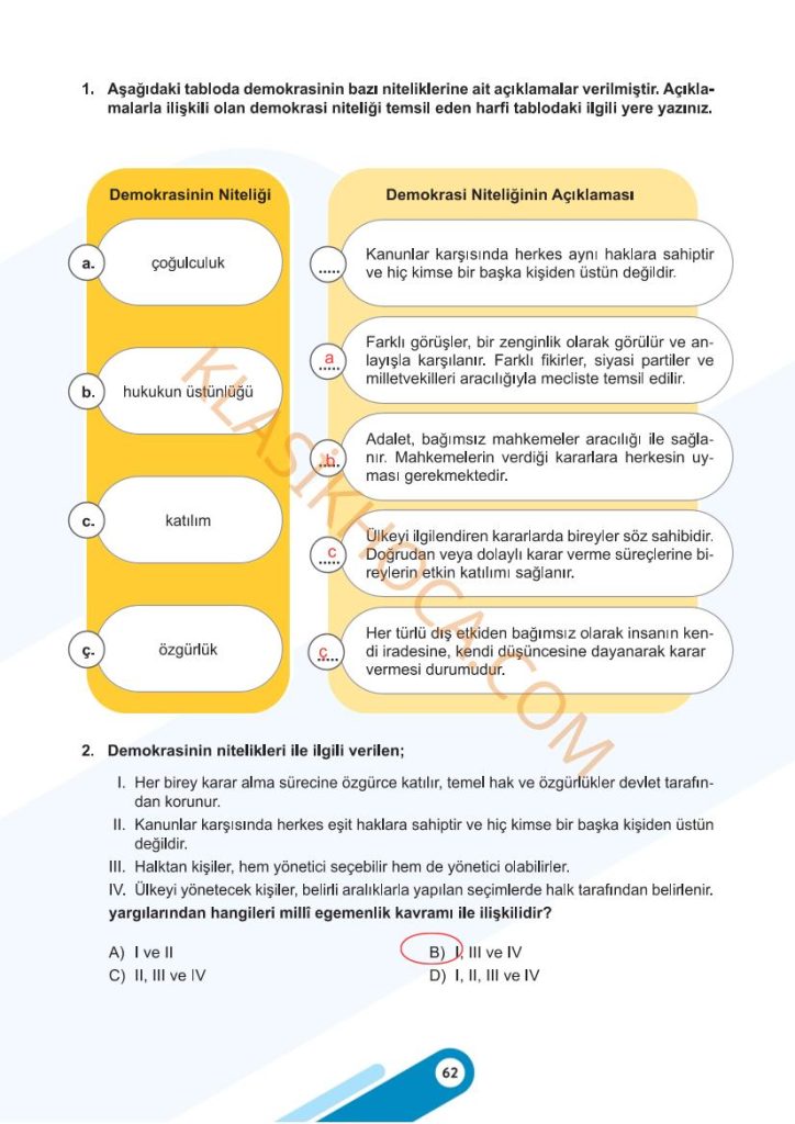 5. Sınıf Sosyal Bilgiler Kitabı 2. Kitap Sayfa 62 Cevapları