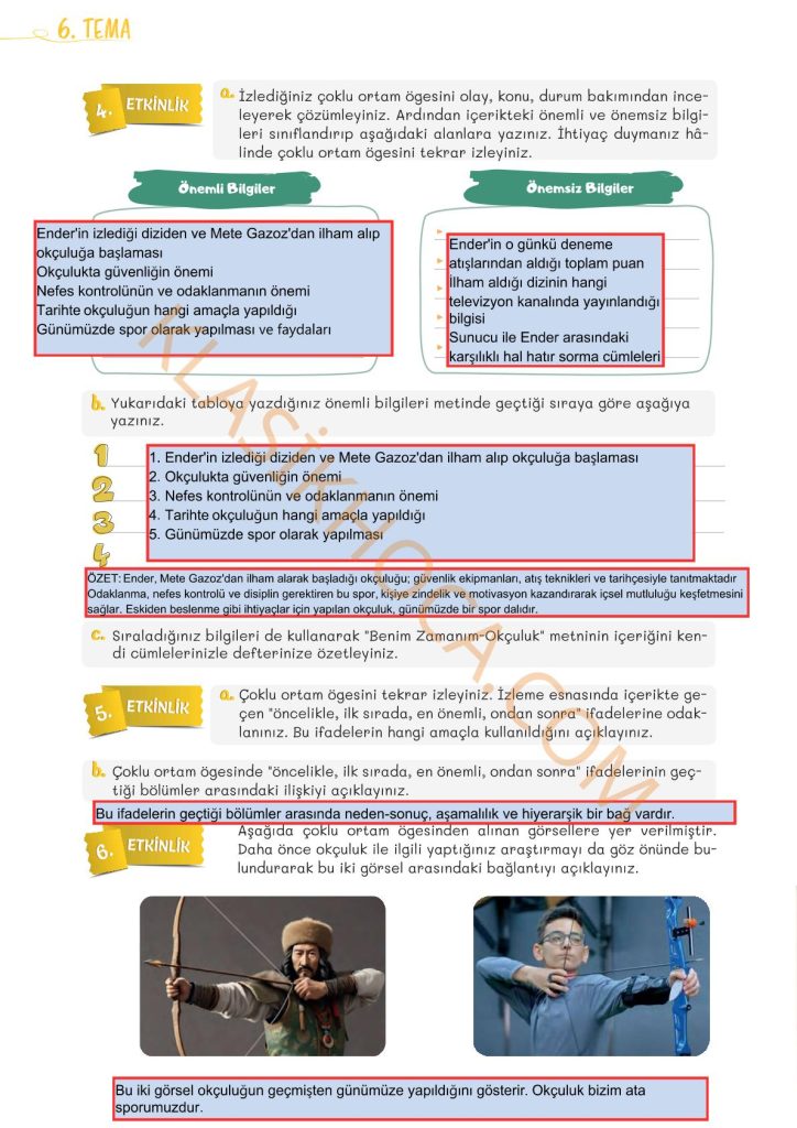 Benim Zamanım Okçuluk İzleme Metni Cevapları - 5. Sınıf Türkçe 2. Kitap