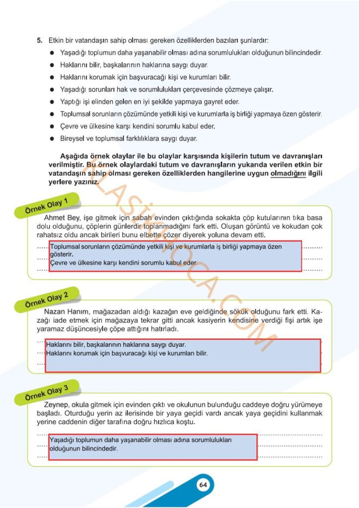 5. Sınıf Sosyal Bilgiler Kitabı 2. Kitap Sayfa 64 Cevapları