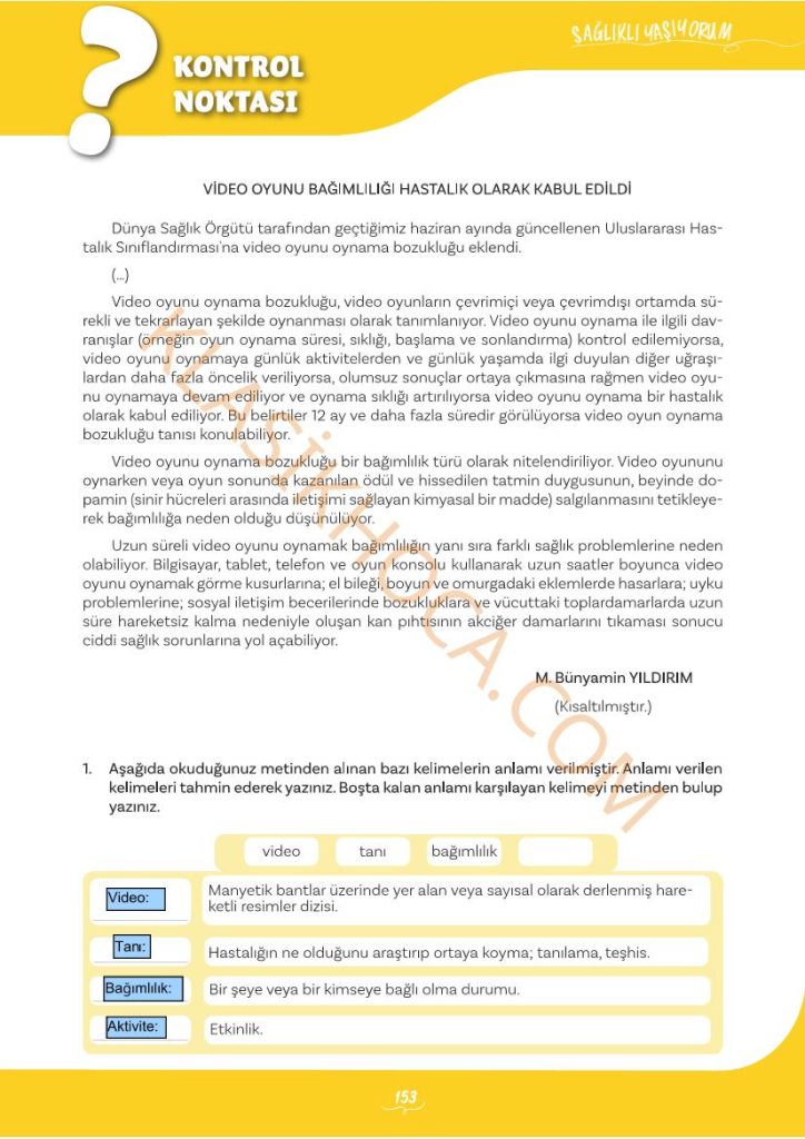 6. Tema Kontrol Noktası Cevapları 5. Sınıf Türkçe 2. Kitap
