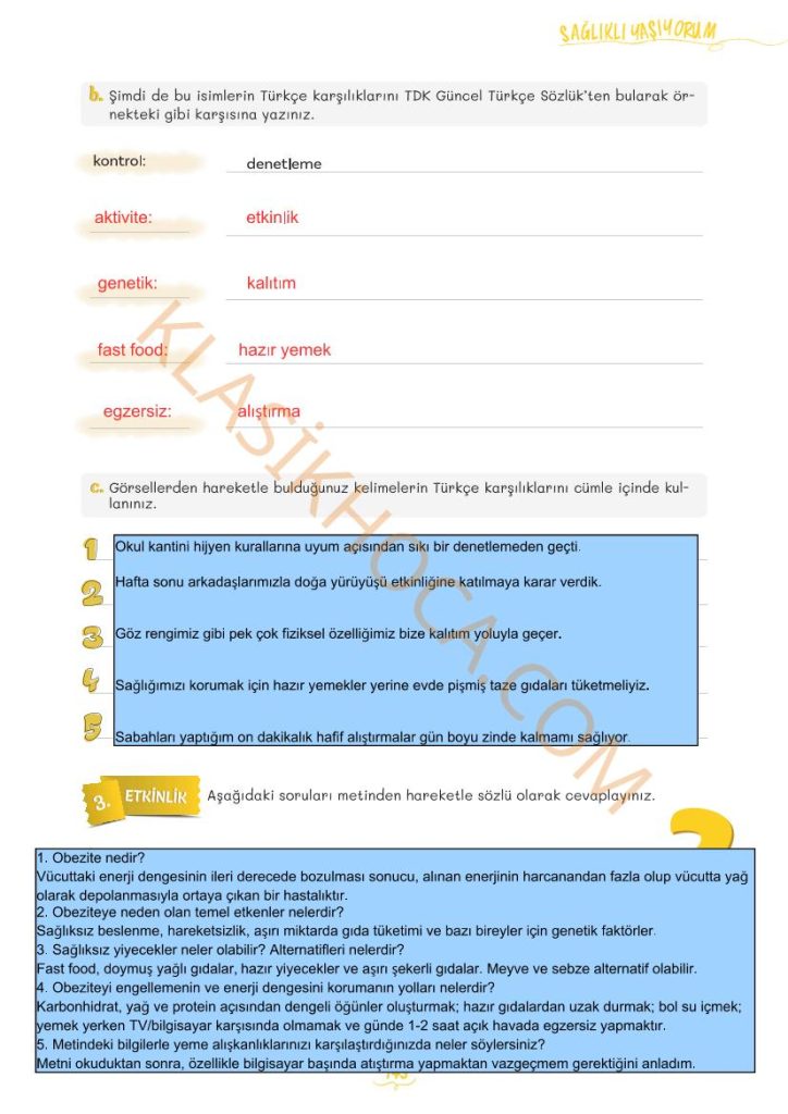 Obezite Metni Cevapları - 5. Sınıf Türkçe 2. Kitap