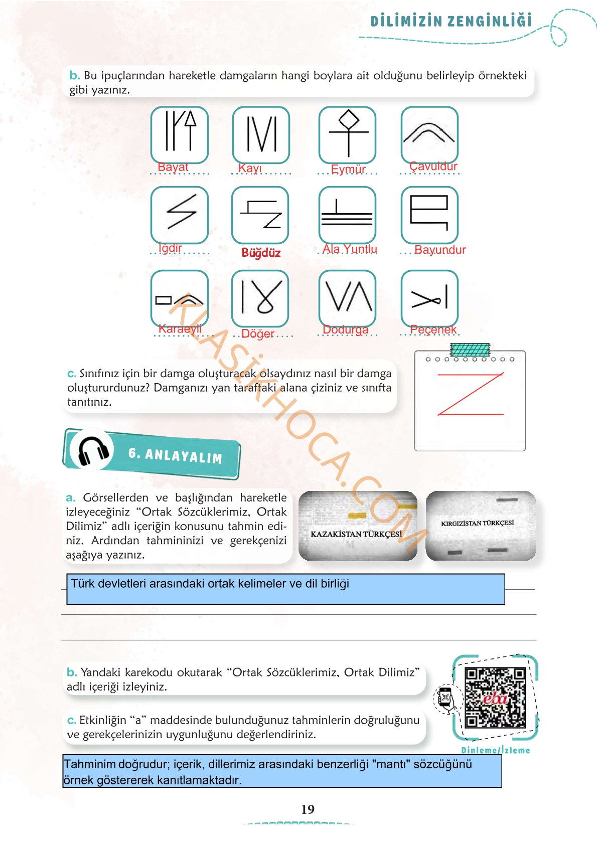 6. Sınıf Türkçe Kitabı 1. Kitap Sayfa 19 Cevapları