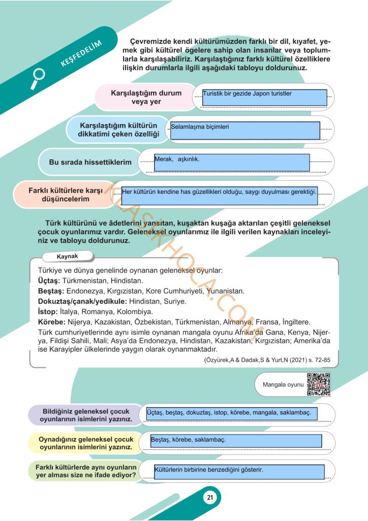5. Sınıf Sosyal Bilgiler Kitabı Sayfa 20-21-24-25-26 Cevapları 1. Kitap