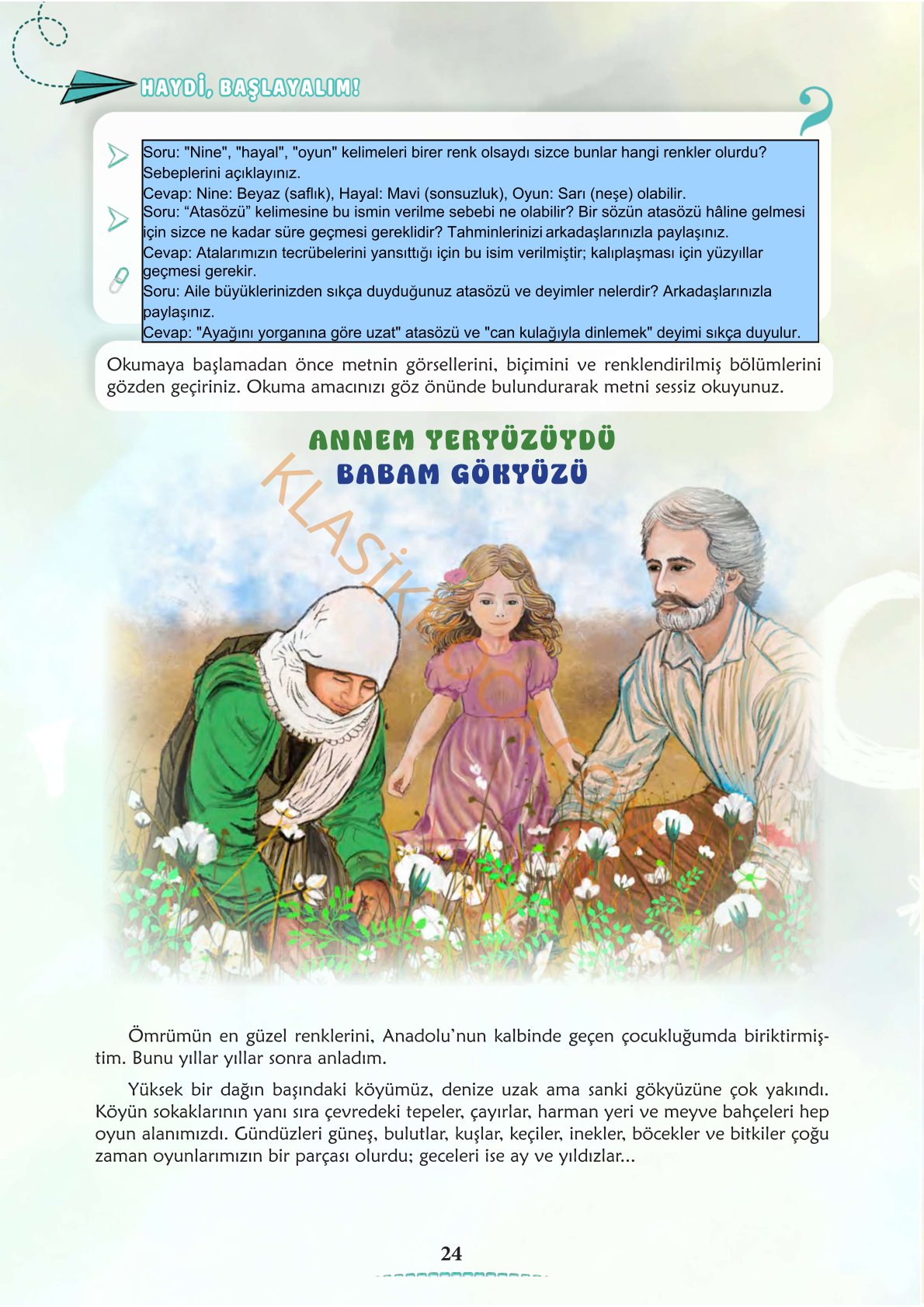 Annem Yeryüzüydü Babam Gökyüzü Metni Cevapları 6. Sınıf Türkçe