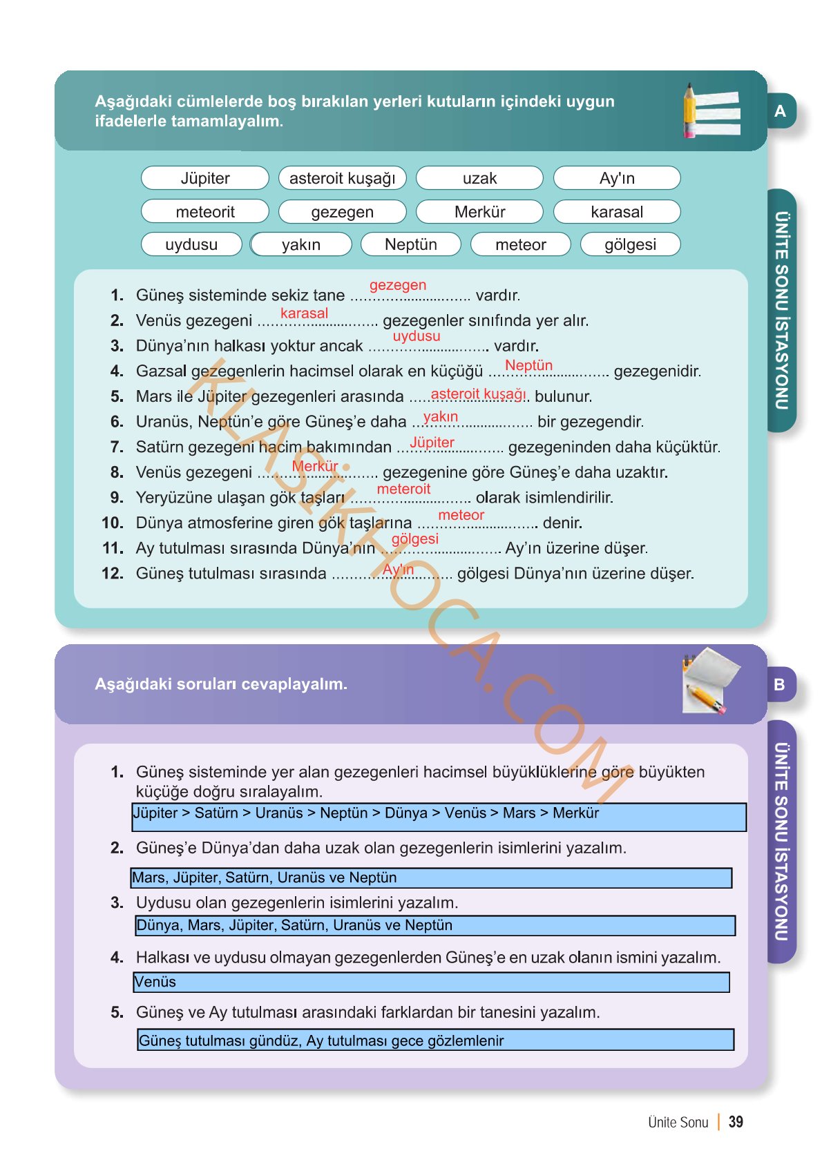 6. Sınıf Fen Bilimleri Kitabı 1. Kitap Sayfa 39-40-41 Cevapları