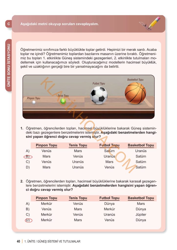 6. Sınıf Fen Bilimleri Kitabı 1. Kitap Sayfa 39-40-41 Cevapları