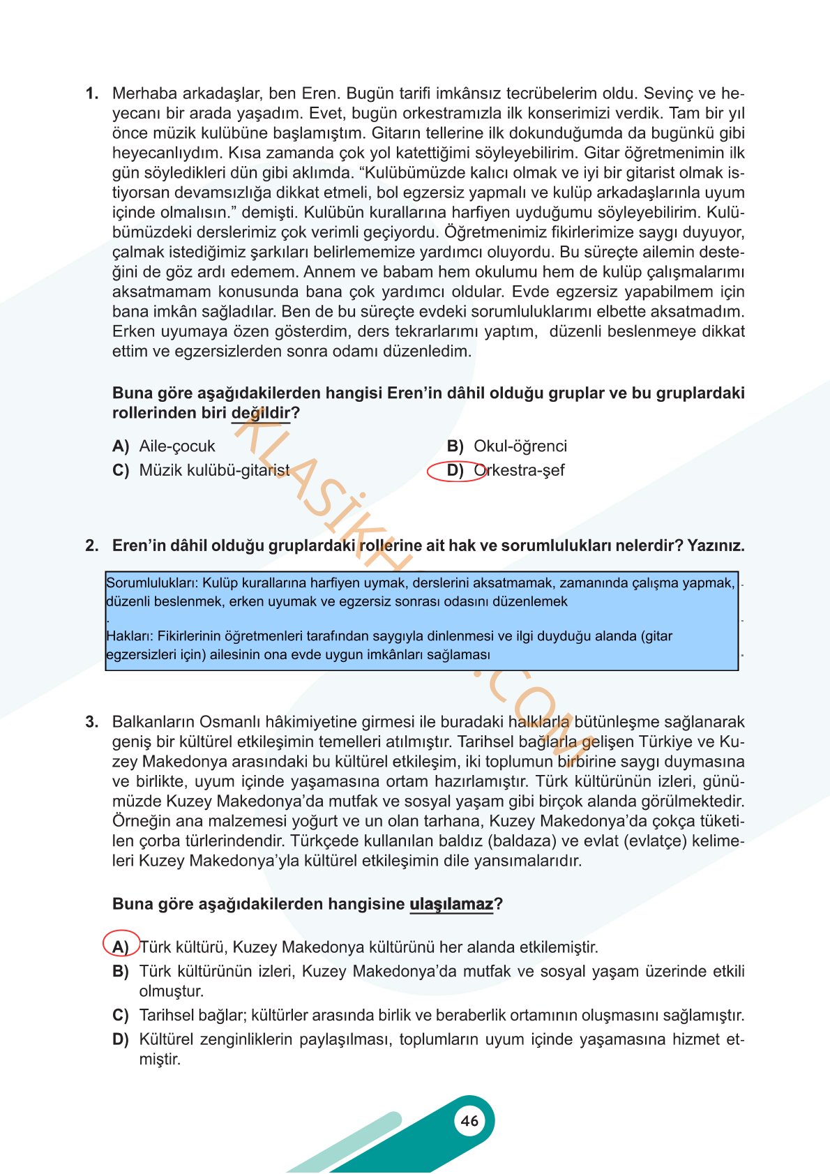 5. Sınıf Sosyal Bilgiler Kitabı 1. Kitap Sayfa 46 Cevapları
