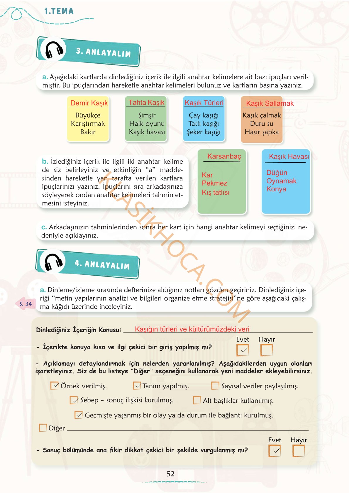 6. Sınıf Türkçe Kitabı 1. Kitap Sayfa 52 Cevapları
