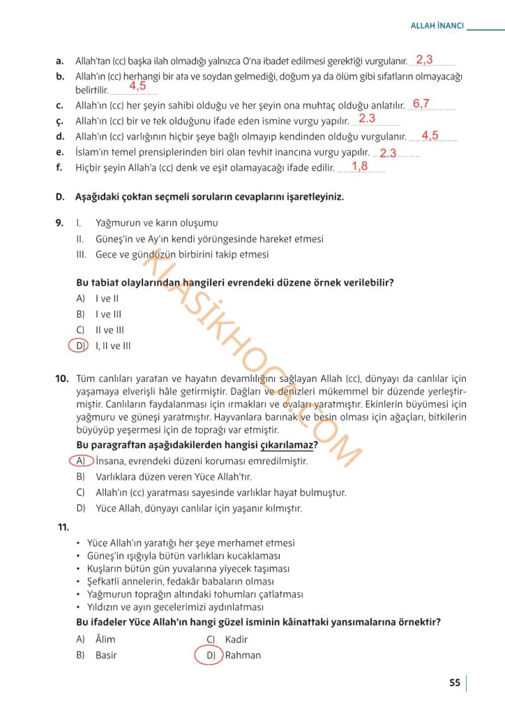 5. Sınıf Din Kültürü Kitabı Sayfa 51-52-53-54-55-56 Cevapları