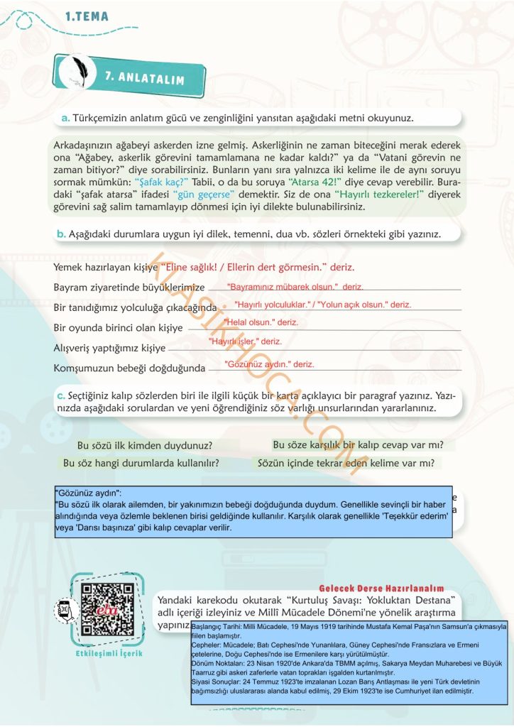 6. Sınıf Türkçe Kitabı Sayfa 50-51-52-53-54-55-56-57-58 Cevapları 1. Kitap