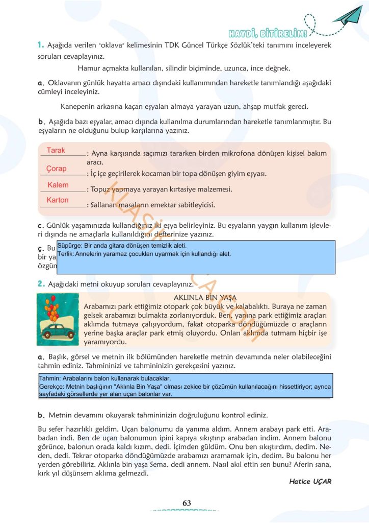 6. Sınıf Türkçe Kitabı Sayfa 63-64-65 Cevapları 1. Kitap