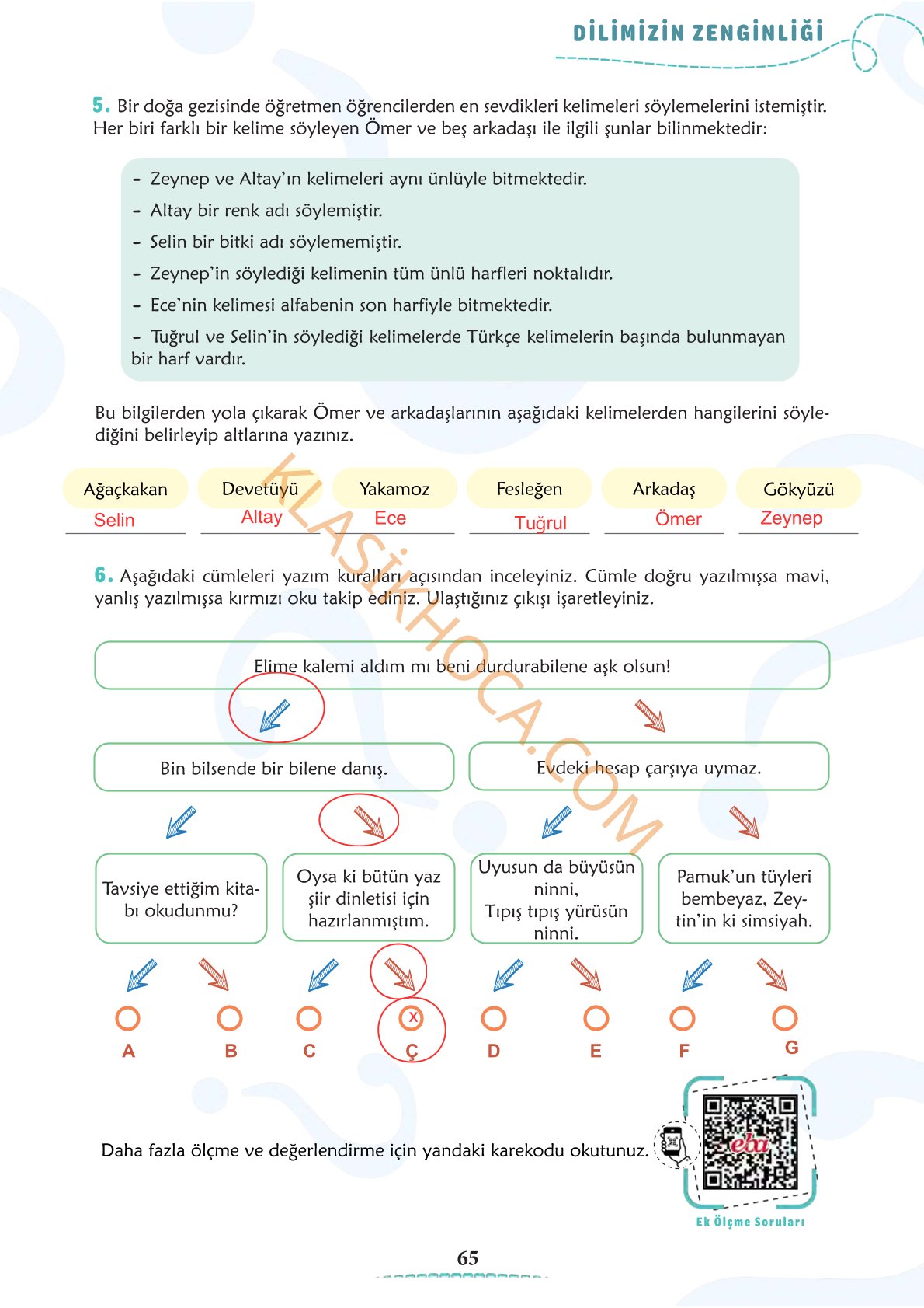 6. Sınıf Türkçe Kitabı 1. Kitap Sayfa 65 Cevapları