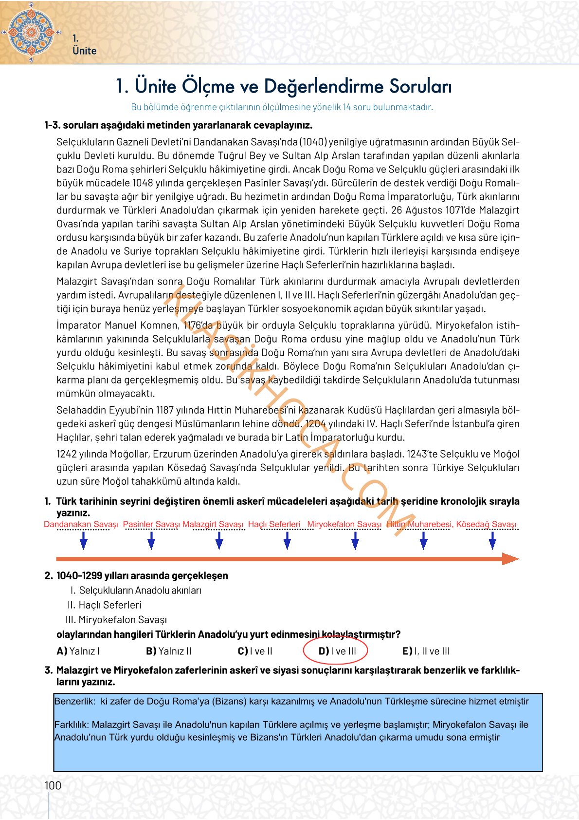 10. Sınıf Tarih Kitabı Sayfa 100-101-102-103-104-105-106-107 Cevapları