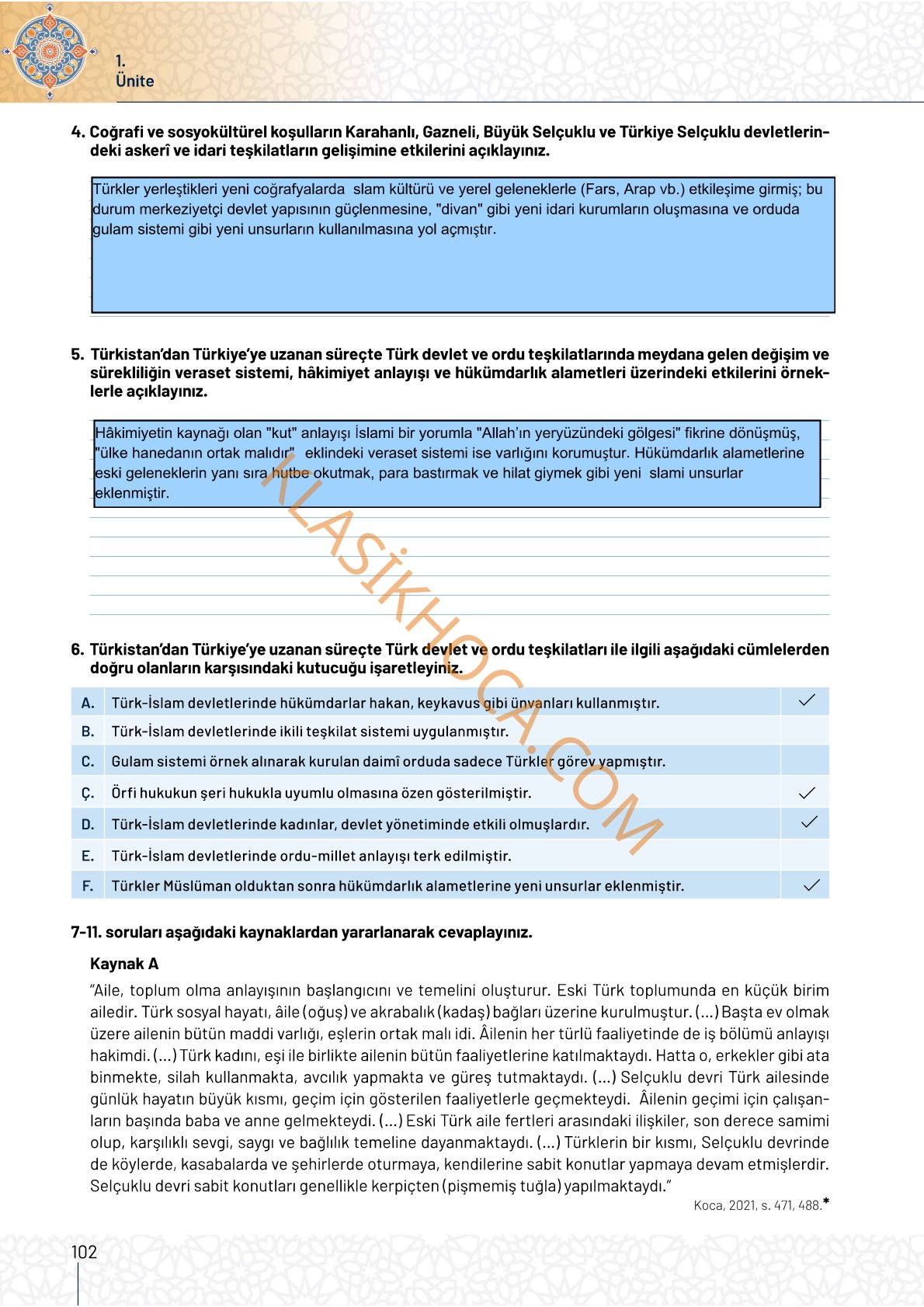 10. Sınıf Tarih Kitabı Sayfa 102 Cevapları