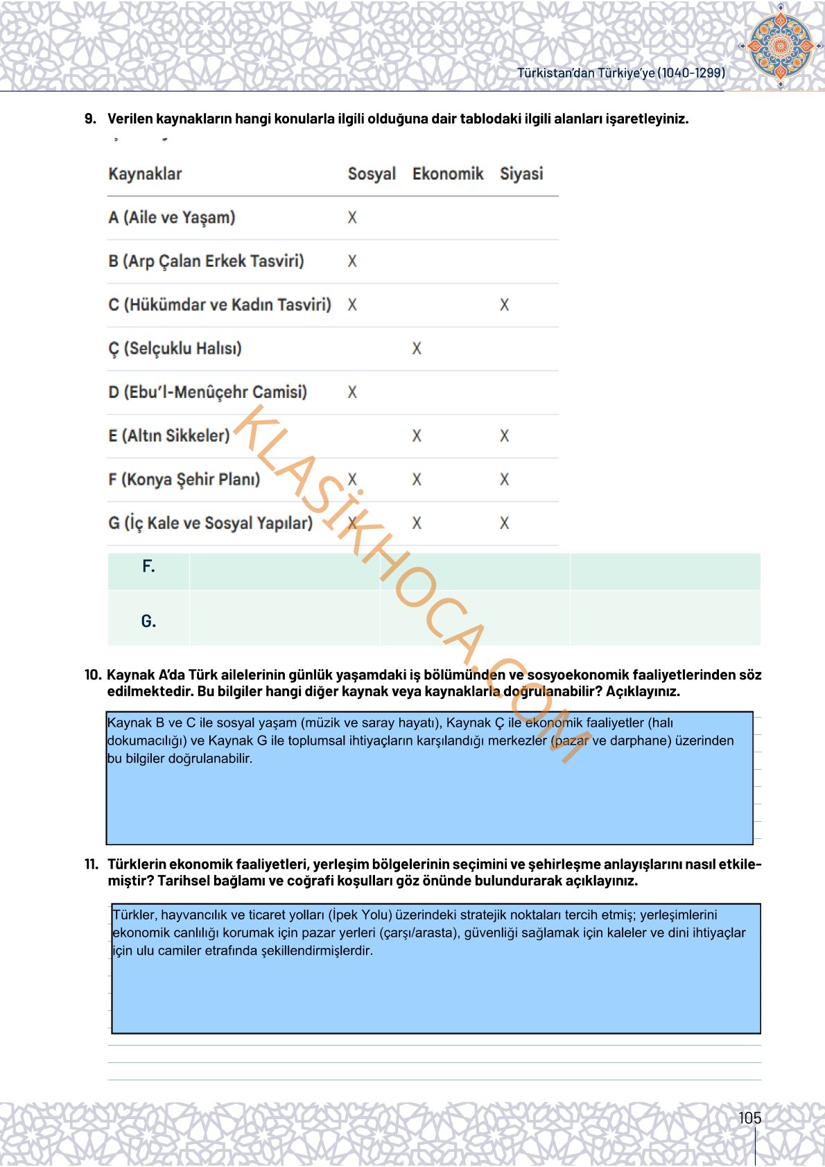 10. Sınıf Tarih Kitabı Sayfa 105 Cevapları