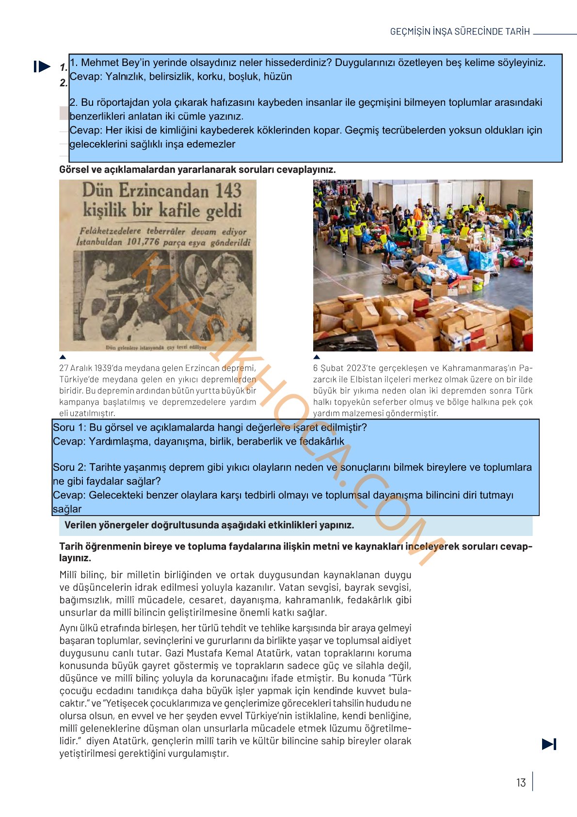 9. Sınıf Tarih Kitabı Sayfa 13 Cevapları