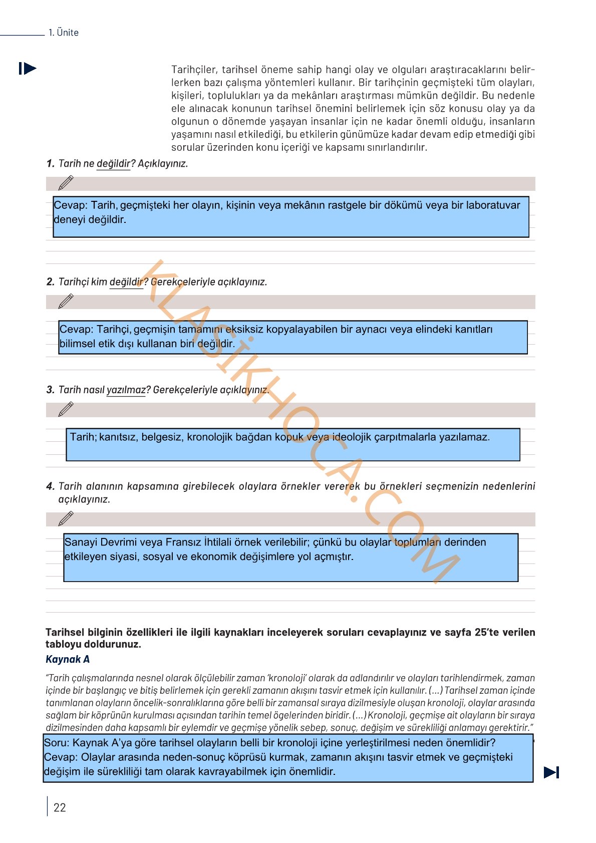 9. Sınıf Tarih Kitabı Sayfa 22 Cevapları