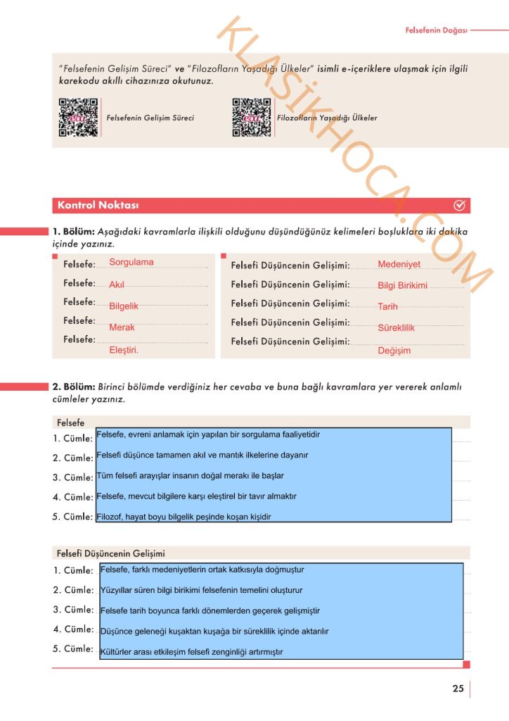 10. Sınıf Felsefe Kitabı Sayfa 20-21-22-23-24-25 Cevapları