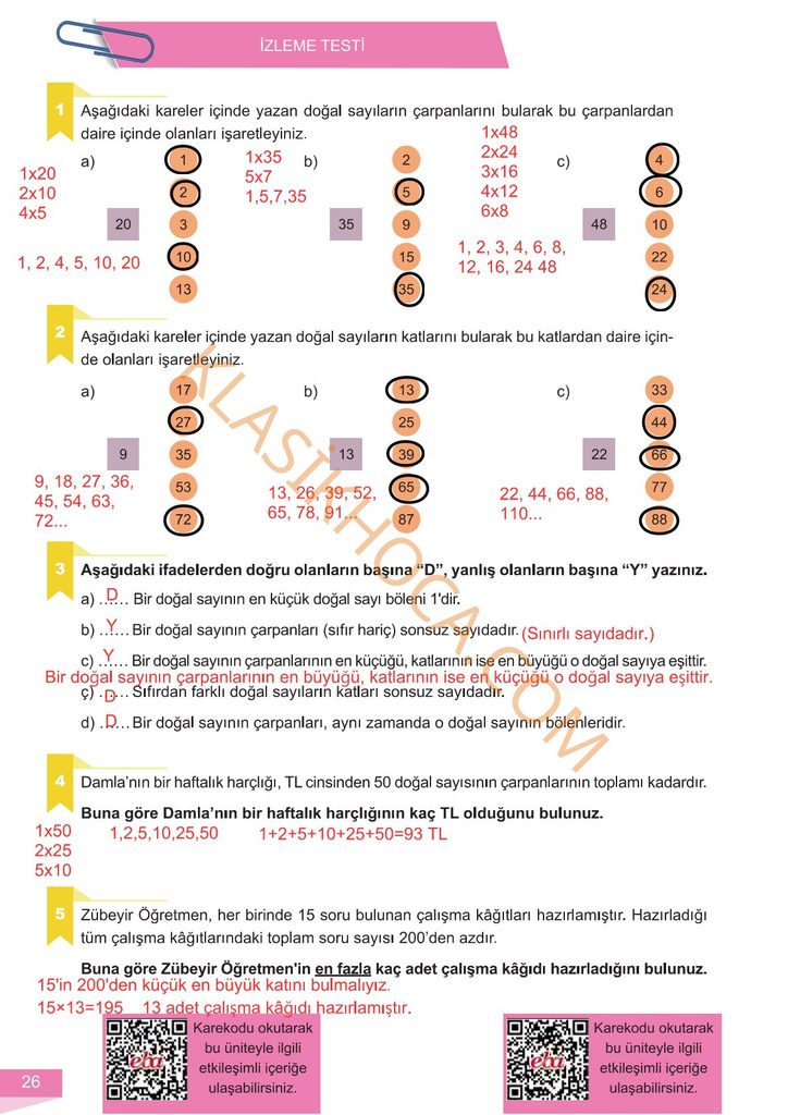 6. Sınıf Matematik Kitabı Sayfa 21-22-23-24-25-26 Cevapları 1. Kitap