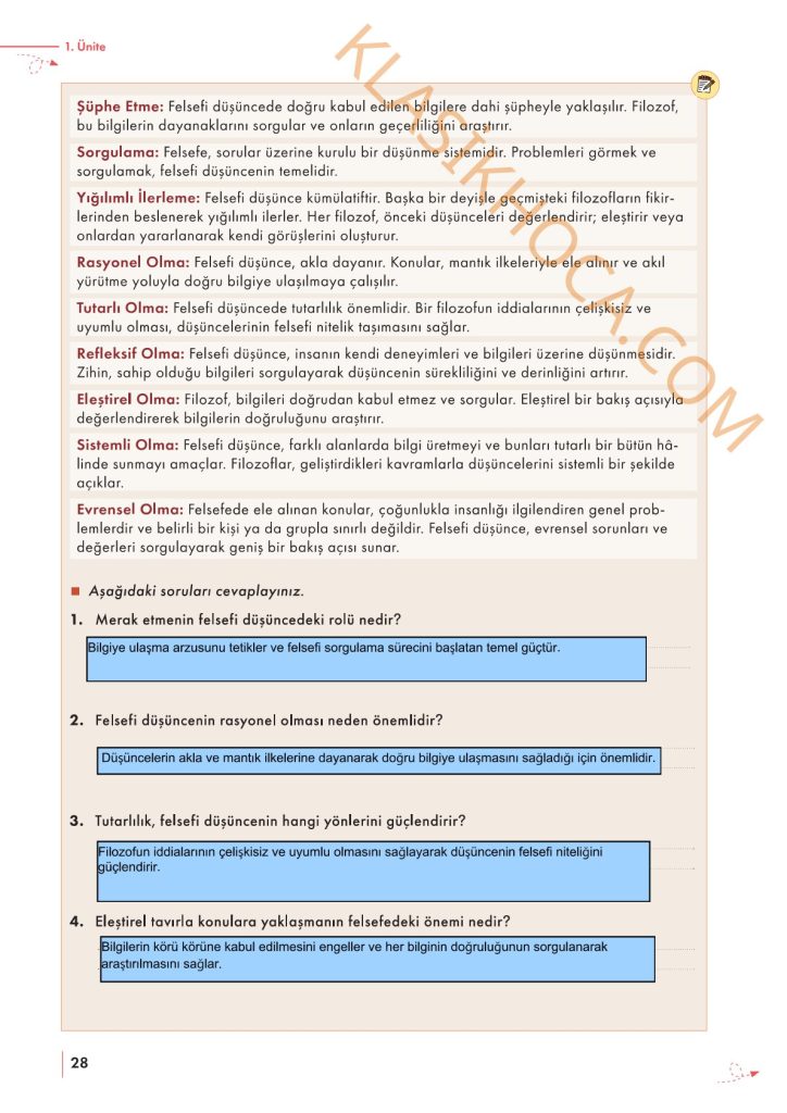 10. Sınıf Felsefe Kitabı Sayfa 26-27-28-29 Cevapları