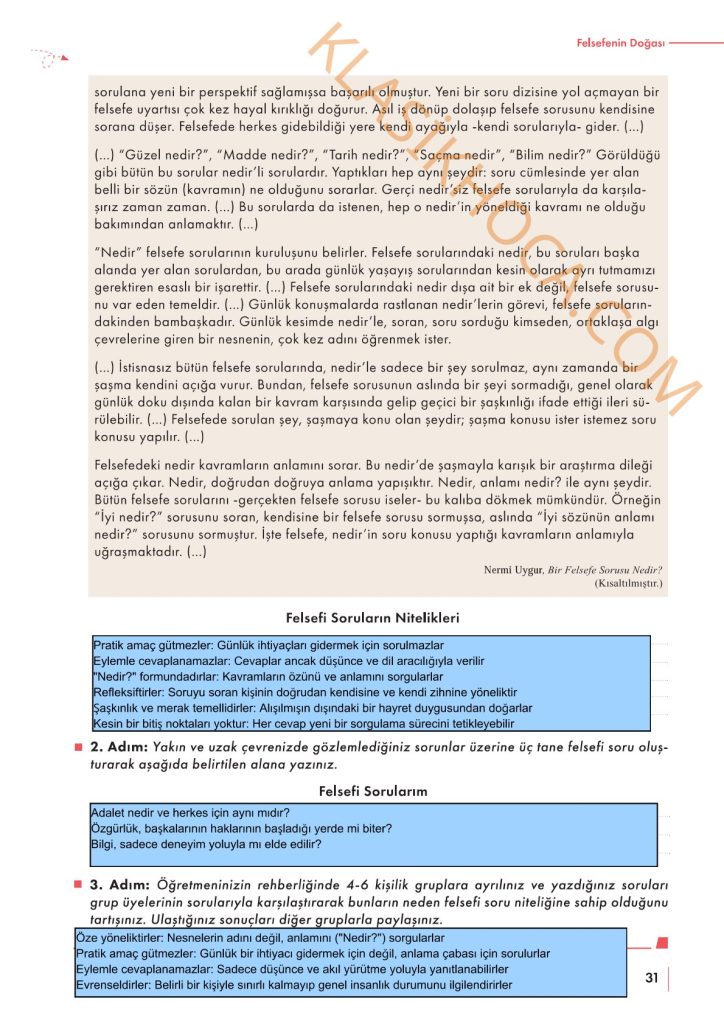 10. Sınıf Felsefe Kitabı Sayfa 30-31 Cevapları