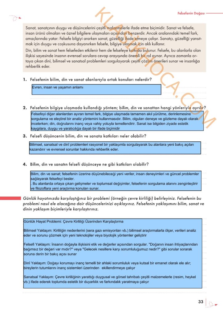 10. Sınıf Felsefe Kitabı Sayfa 32-33-34 Cevapları