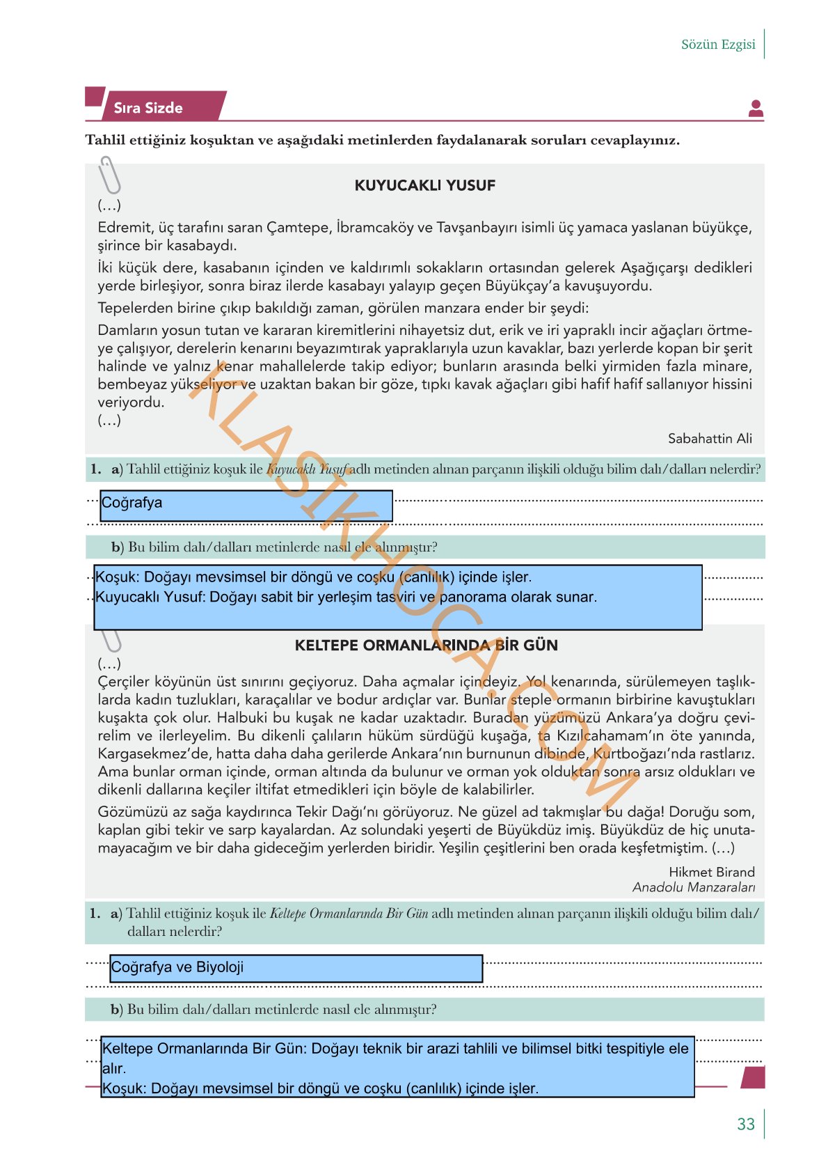 10. Sınıf Edebiyat Kitabı Sayfa 33 Cevapları