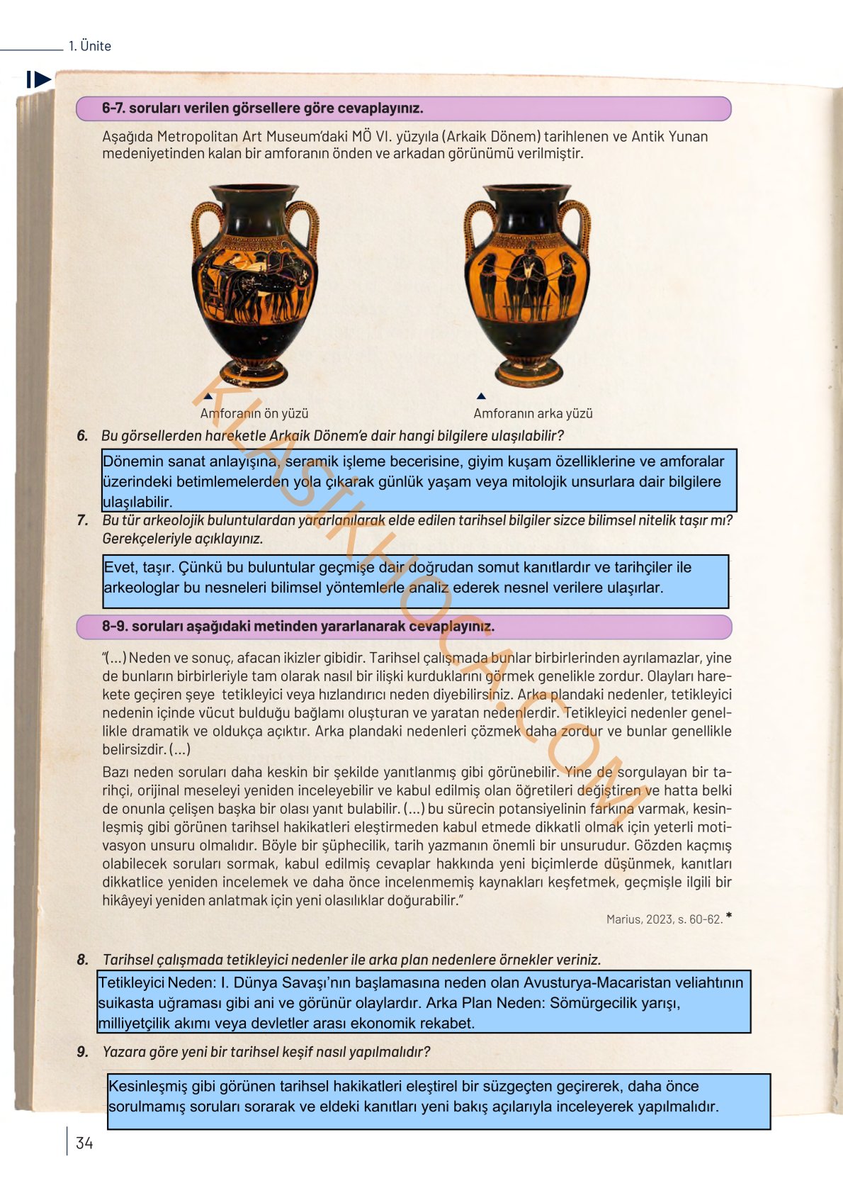 9. Sınıf Tarih Kitabı Sayfa 34 Cevapları