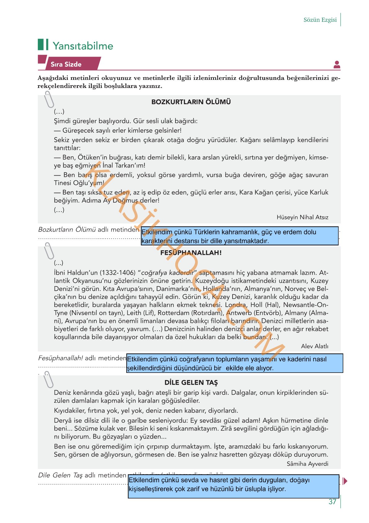10. Sınıf Edebiyat Kitabı Sayfa 37 Cevapları