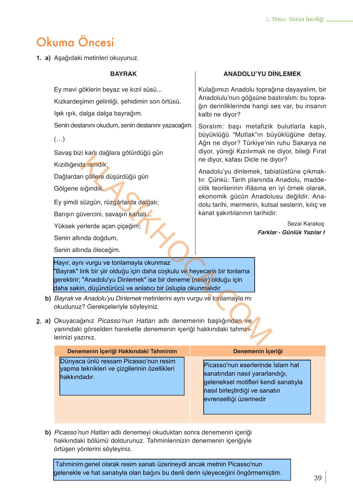 9. Sınıf Edebiyat Kitabı Sayfa 39 Cevapları