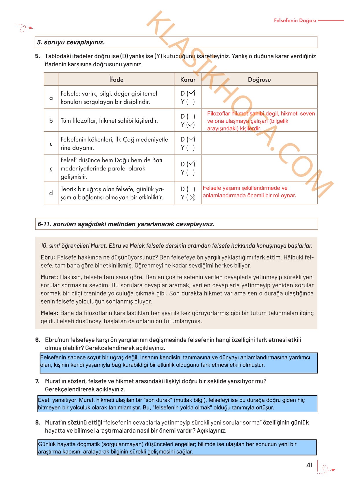 10. Sınıf Felsefe Kitabı Sayfa 41 Cevapları
