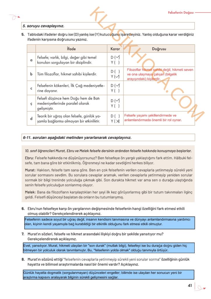10. Sınıf Felsefe Kitabı Sayfa 40-41-42-43 Cevapları